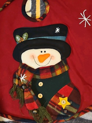 Vintage Handmade Christmas Tree Skirt With 3D Snowman And Bells 43"