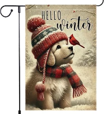 Hello Winter Dog Garden Flag 12X18 Vertical Double Sided Cardinal Bird Snow Chri