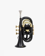 QUEENBRASS Black Pocket Trumpet Bb with Case, Mouthpiece – Compact Brass Kit BRS