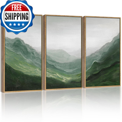 Shenify Fog Pine Green Tree Forest Canvas Wall Art Large 16X24In Framed Nordic