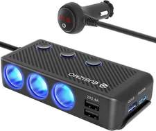 Cigarette Lighter Plug Splitter, 3 Socket 200W Car Cigarette Lighter Adapter USB