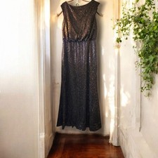 David's Bridal Black Sequin Gown L Boat Neck Elegant Formal Event Maxi Dress 