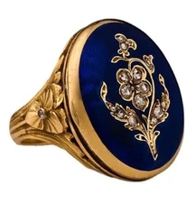Womens Fashion Ring Blue Enamel Crystal Gold Plated French Vintage Style Size 10