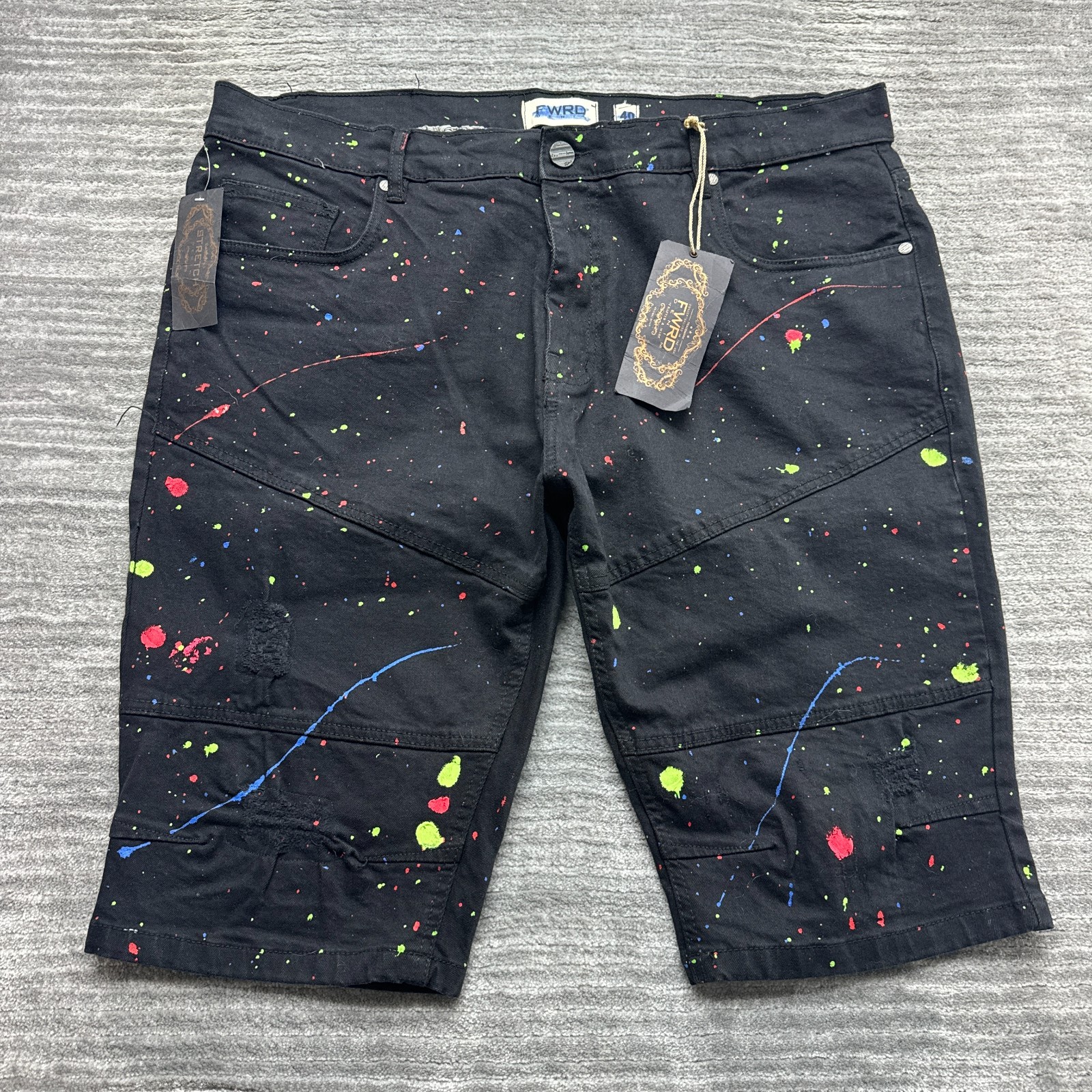 FRWD Denim Shorts Size 40 Mens Bermuda Paint Splatter Dark Wash Black NWT