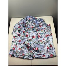 Vintage Enchanting 3 Pc Satin Polyester Floral Pajama Set Blue XL Top Tank Pants