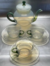 FRY GLASS * FOVAL * TEAPOT * 3 CUPS & SAUCERS * JADE GREEN HANDLES * OPAL