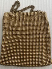 Vintage Gold Metal Mesh Evening Party Handbag Draw Chain Close 4x4.5