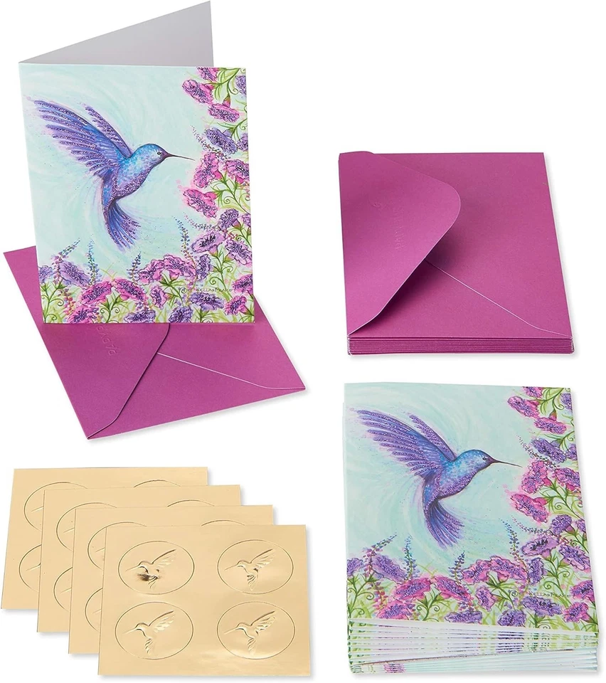 Elegantes tarjetas en blanco de colibrí púrpura - Paquete de 14 con sobres y sellos dorados Foto 4 de 4
