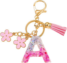 1 Pack Alphabet Letter a Keychain with Tassel Flower Pendant Initial Key Ring fo