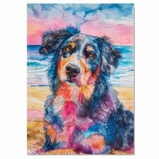 Watercolor Painting of a Multicolored Dog at Sunset Coastal Pet Portrait Art