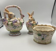 Fitz & Floyd Halcyon Bunny Teapot Sugar Jar Planter Set Easter Spring Floral