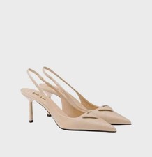$1270 PRADA 75 Saffiano Leather Logo Slingback Pump Creme EU 38 US 8 BNIB 