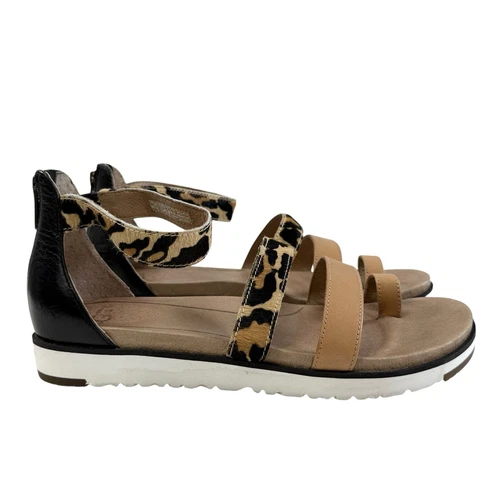 Sandali Ugg Mina con cinturino in pelle pelliccia e stampa leopardata castagno taglia 9