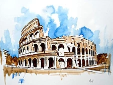 Watercolor hand painted signed   "Colosseo" Modern art on cardboard 20x30 cm