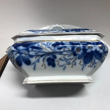 Flow Blue with Gold Leave Overlay Tureen and Lid