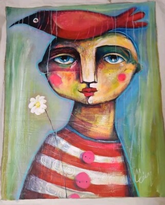 Acrylic On Canvas   By Carlos Cesar cuban art 40x32  In T:RED BIRD Y MARGARITA.