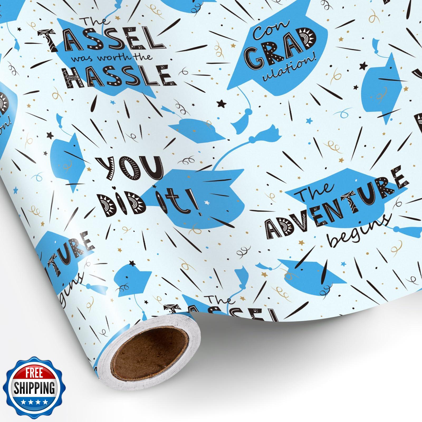 LeZakaa Blue Graduation Wrapping Paper Roll, You Did It!, The Tassel Was Wort