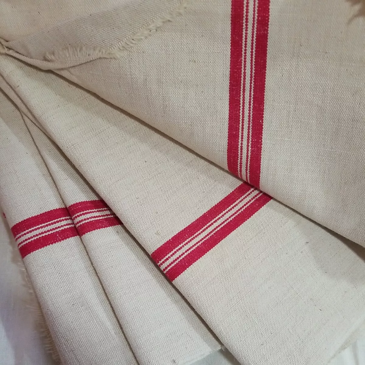 Vintage French Tea Towel Fabric Linen Farmhouse Cottage Red Stripe