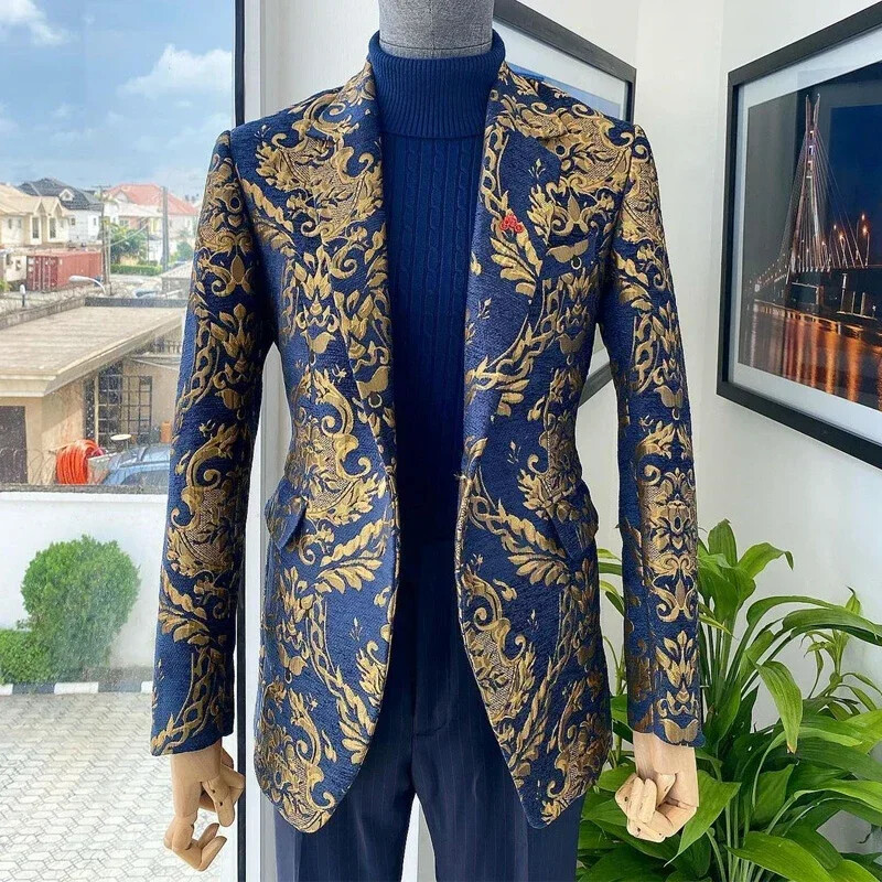 Floral Men Suits For Wedding Jacquard Slim Fit Groom Tuxedos Navy