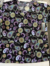 Serene Uniforms Scrub Top Womens Small Black Floral  Other Print Medical Scrub