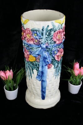Antique French Barbotine majolica floral umbrella stand holder 