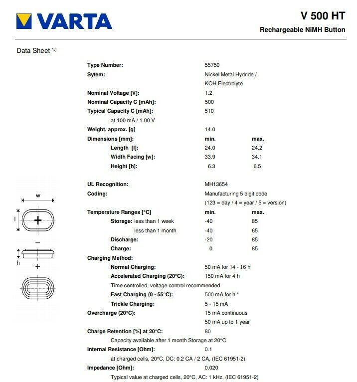 1X VARTA V600HR NiMH Battery Replaces V500HT 5183454AA 55750201501 ...