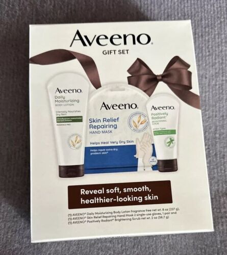 3 Piece Aveeno Gift Set Body Wash, Hand Mask & Gloves, Body Lotion, New Sealed