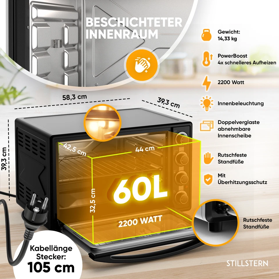 B-Ware 60L Minibackofen mit Umluft, Drehspieß, Backblech, 2200W, DE Version - Bild 3 von 4