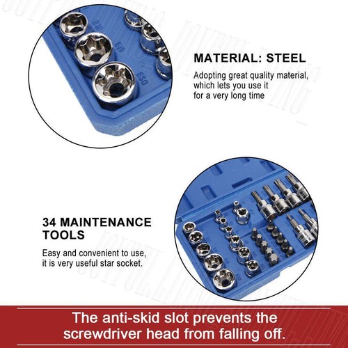 34X E Torx Socket Set Female Start Bit External Hex Torque Tool E4-E20 Case Set - Picture 3 of 12
