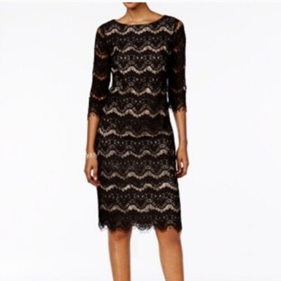 Jessica Howard Black Lace Nude Lining 3/4 Sleeve Dress