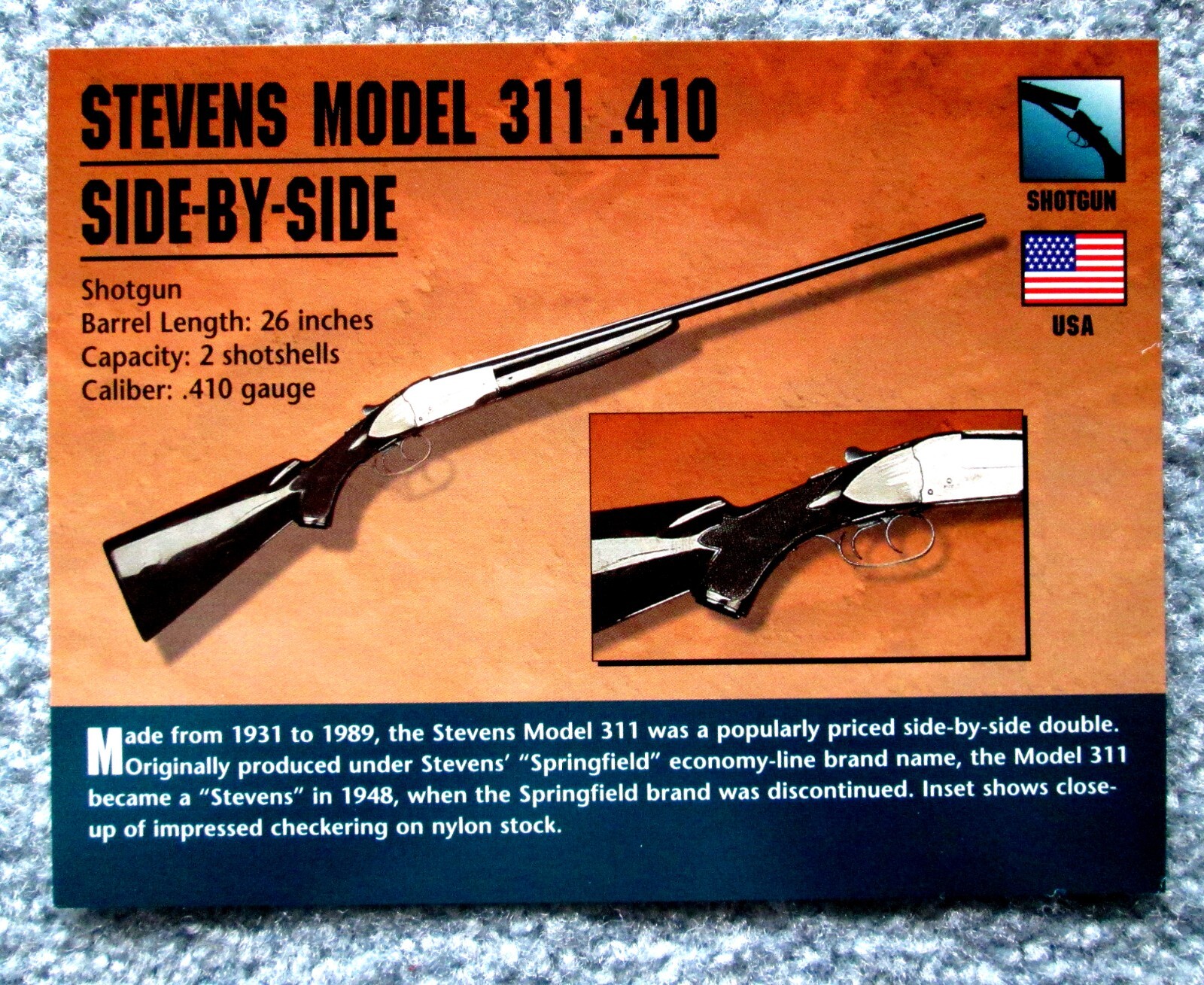 Stevens Model 311 .410 Side By Side Shotgun Classic Firearms Photo Card u