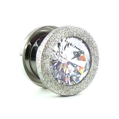 Flesh Tunnel mit großem Kristall Zirkonia Sand gestrahlt Glitzer Piercing Plug - Bild 1 von 2
