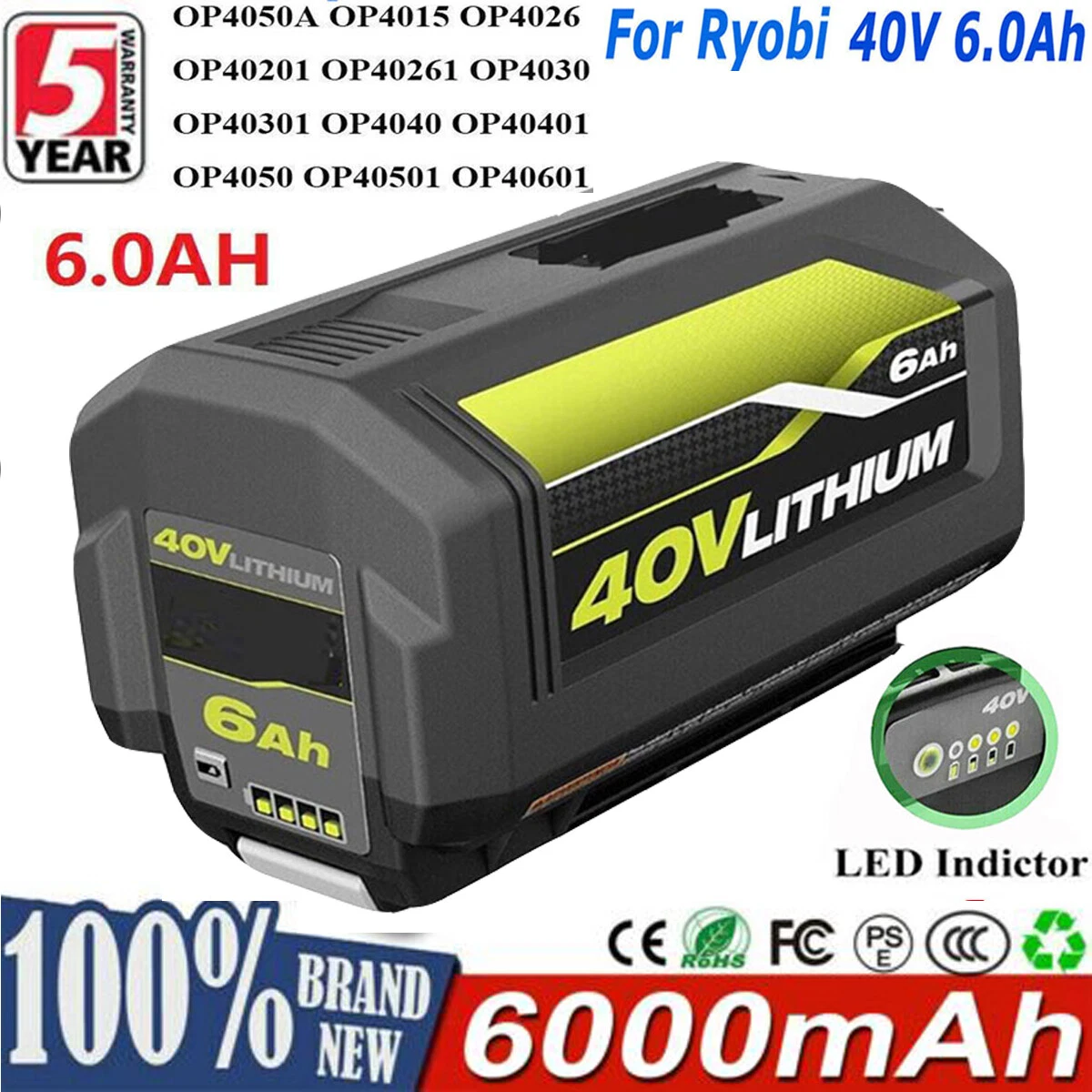For Ryobi 40V 6 Ah 5 Ah Lithium Ion Extended Capacity Battery