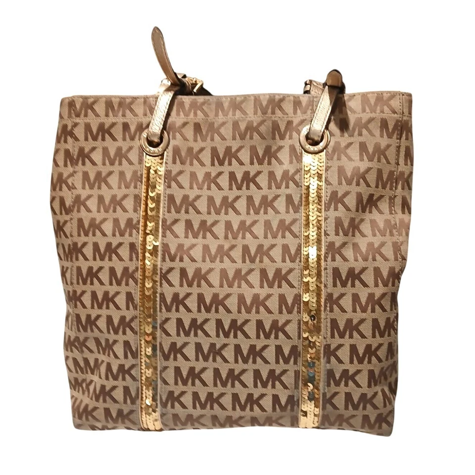 Bolso de Hombro Michael Kors Signature Lentejuelas Tostado Dorado Lona Cuero Monograma Foto 2 de 4