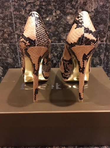 New 8M BEBE Leather Snake Tan Black Gold Bottom Platform High Sexy Heels  $139 | eBay