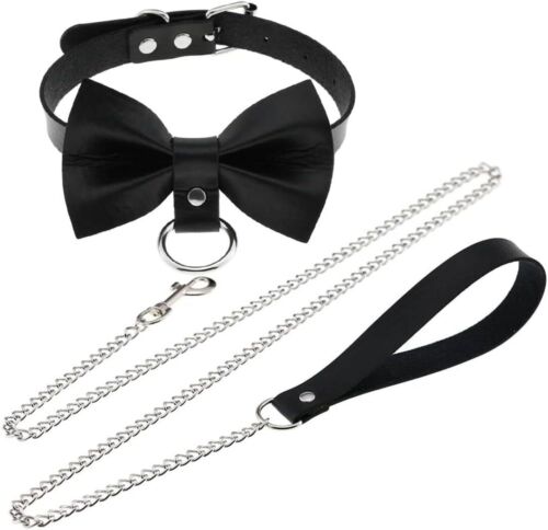 Stylish Bow-Knot Choker Punk Hauling Chain PU Leather Collar Necklace | Gothic N - Picture 1 of 6
