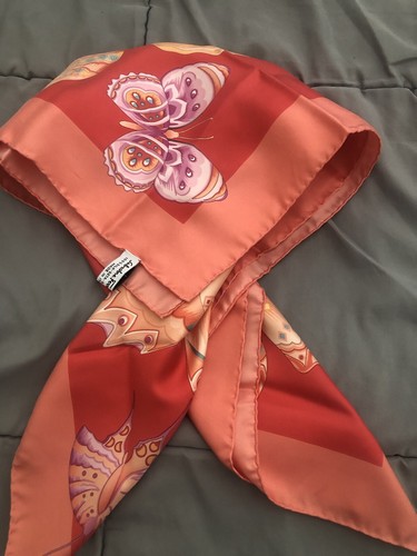 Salvatore Ferragamo Peach Butterfly Print Square 100% Scarf Silk Scarf - Picture 5 of 6