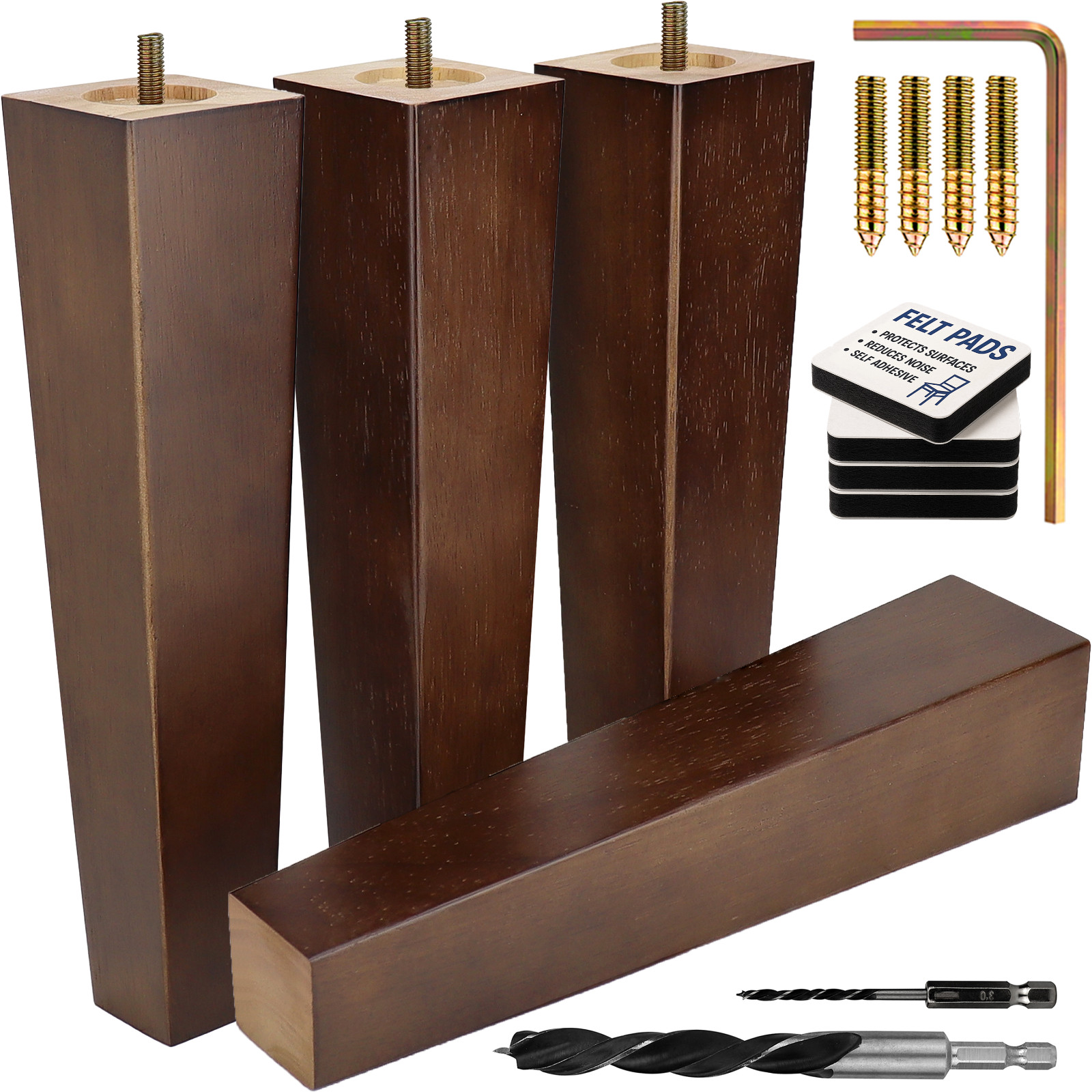 Walnut Square Furniture Legs Set of 4, 3 4 5 6 8 10 12 in Wood Feet Replacement
