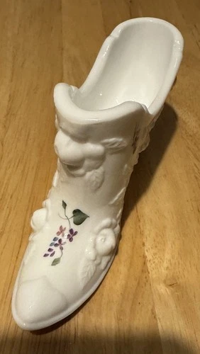 Fenton White Milk Glass Shoe Slipper Boot Hand Painted Floral Signed Vintage EUC