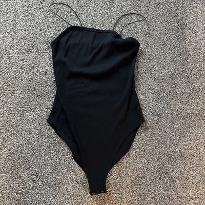 Wild Fable Ribbed Bodysuit Women Small Black Thin Straps Snap Button (S) Small