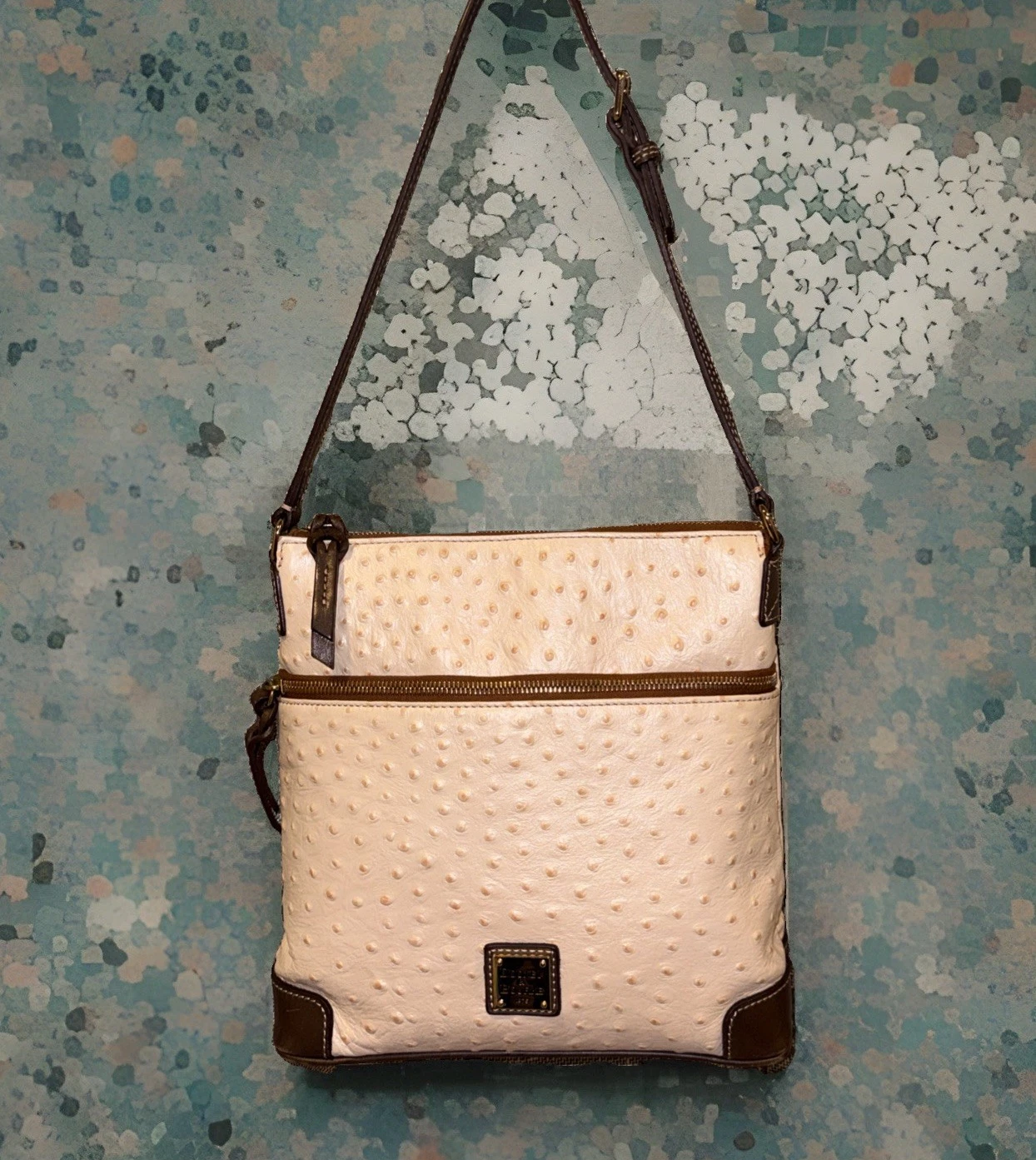 Dooney & Bourke Cream Color Ostrich Embossed Leather Shoulder Bag