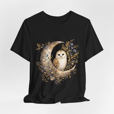 Barn Owl on Crescent Moon T-Shirt | Watercolor Floral Night White Owl Scene Tee
