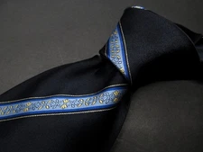Brioni Silk Tie Black with floral blue Repp stripes  59" x 3.625" Mint! Y96