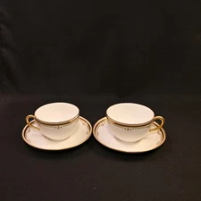 Limoges Bernardaud B&Co 2 Cups & Saucers 1900-1914 Greek Key Dainty Scrolls Gold