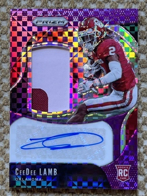 2020 Chronicles Prizm CeeDee Lamb #4 Purple Checker Rookie Patch Auto SP #/25 RC