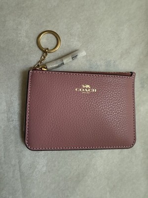 NWT Coach Key Pouch Zip Card Case In Gold/True Pink Pebble Leather