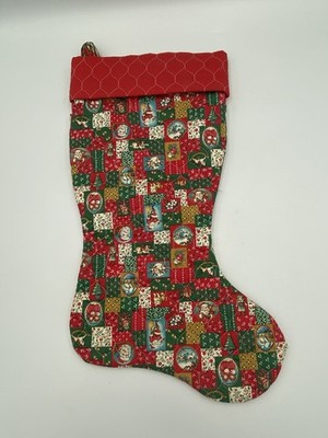 Vintage Quilted Handmade Santa Tree Holly Bells Christmas Quilted Stocking 16.5 