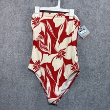 S-11 Women's Red Floral Print Bandeau High Leg Cheeky One Piece Swimsuit - S