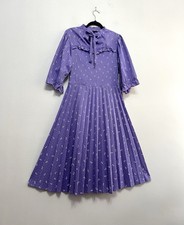 Vintage Spengler Mode Pleated Plisse Ruffle Ditsy Lavender Midi Dress UK 16