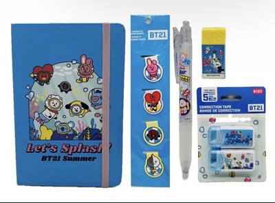 BT21 Let s Splash Notebook, Bookmakers, Correction Tape, Eraser & Pen Set NWT